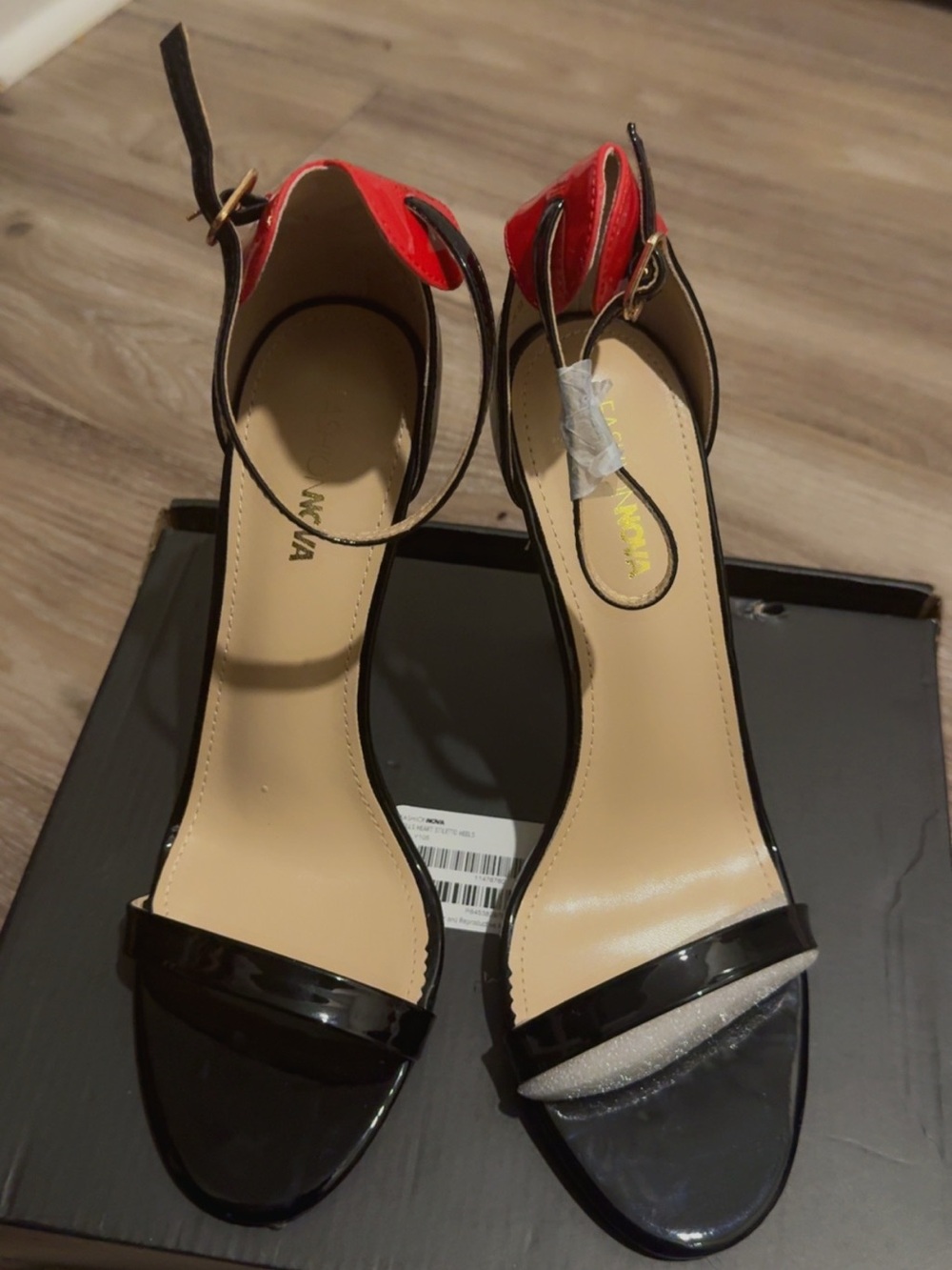 Fashion Nova Black and Red Ankle-Strap Patent Heels